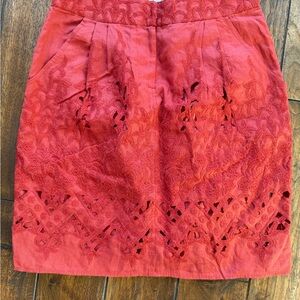 Anthropologie Embroidered Linen Summer Tomato Red Pencil Mini Skirt